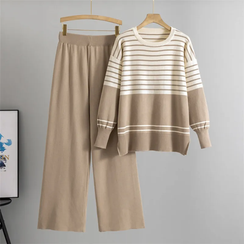 Khaki - Striped Knitted Loose Two Piece Set sold by Viva Estel