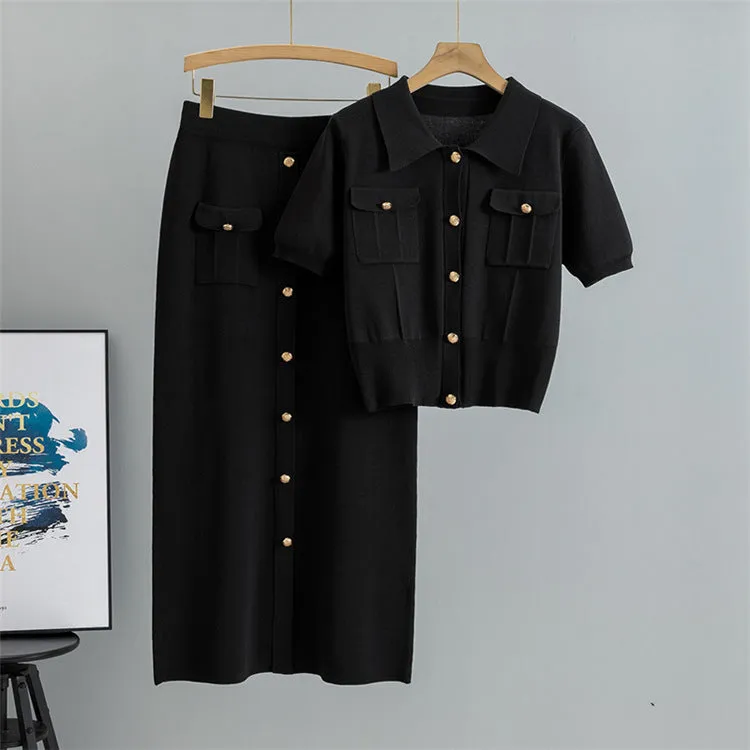 Black - Short-Sleeve Knitted Cardigan Two Piece Set sold by Viva Estel