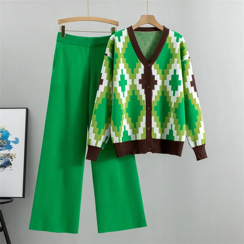 Green - Knitted Cardigan Jacket Two Piece Set sold by Viva Estel