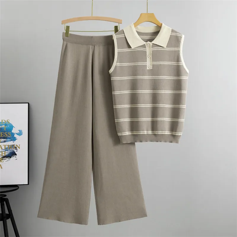 Camel - Lapelless Knitted Sleeveless Vest Two Piece Set sold by Viva Estel