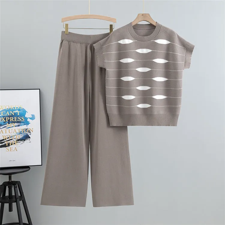 Camel – Casual Striped Short-Sleeve Two Piece Set sold by Viva Estel