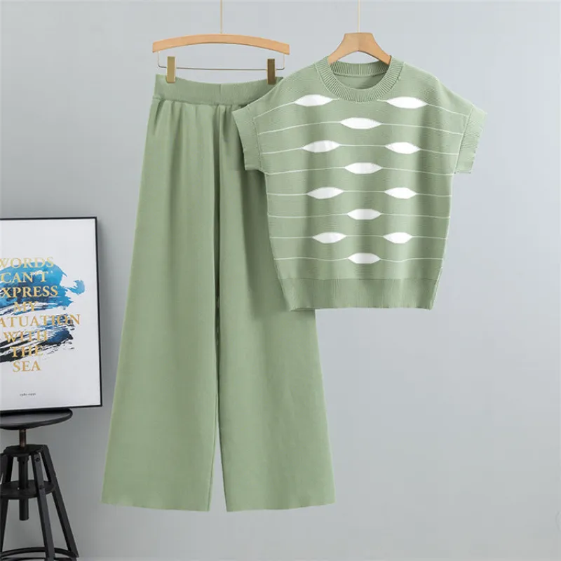 Green – Casual Striped Short-Sleeve Two Piece Set sold by Viva Estel