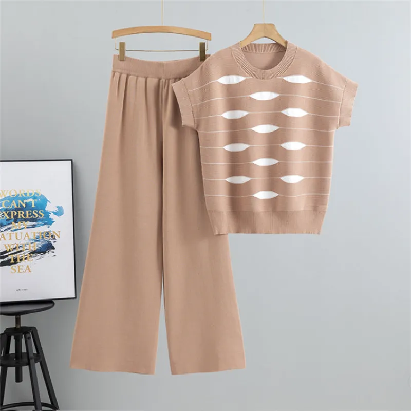 Khaki – Casual Striped Short-Sleeve Two Piece Set sold by Viva Estel