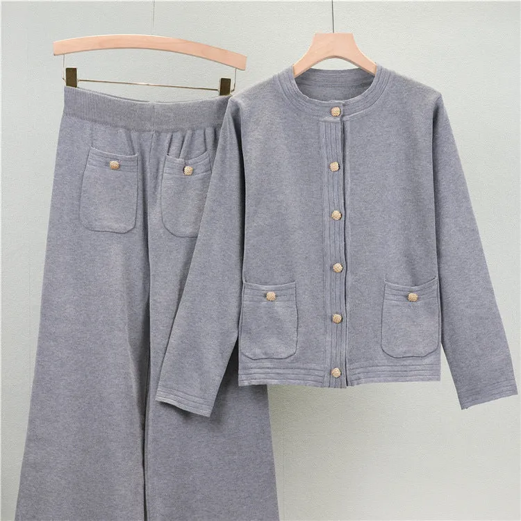Grey – Cardigan Top & Wide-Leg Pants Two Piece Set sold by Viva Estel product image thumbnail 2