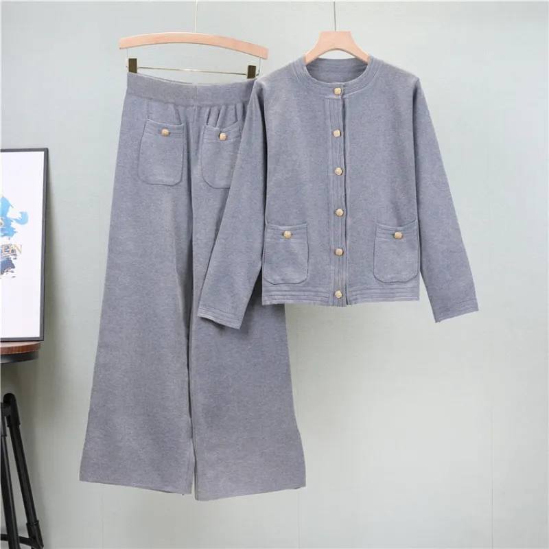 Grey – Cardigan Top & Wide-Leg Pants Two Piece Set sold by Viva Estel
