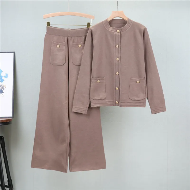 Khaki – Cardigan Top & Wide-Leg Pants Two Piece Set sold by Viva Estel