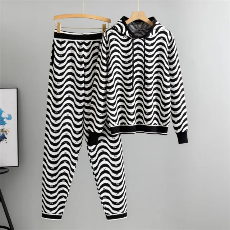 Black - Wavy Striped Sweater Two Piece Set sold by Viva Estel