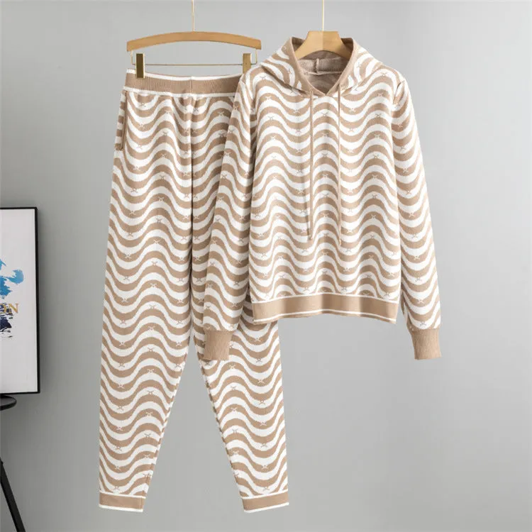 Khaki - Wavy Striped Sweater Two Piece Set sold by Viva Estel