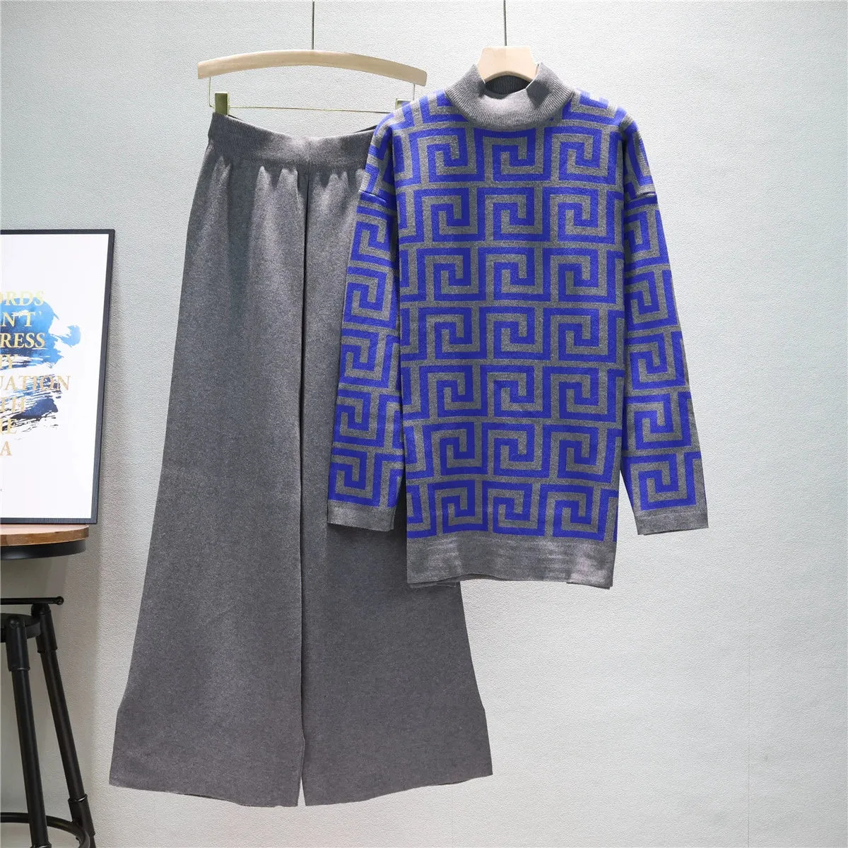 Gray - Knitted Sweater & Wide-Leg Pants Two Piece Set sold by Viva Estel