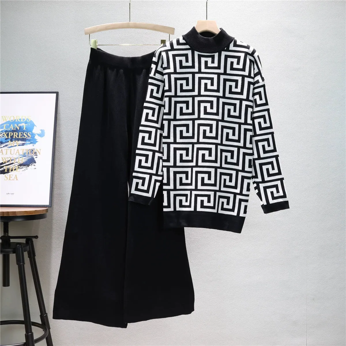 Black - Knitted Sweater & Wide-Leg Pants Two Piece Set sold by Viva Estel