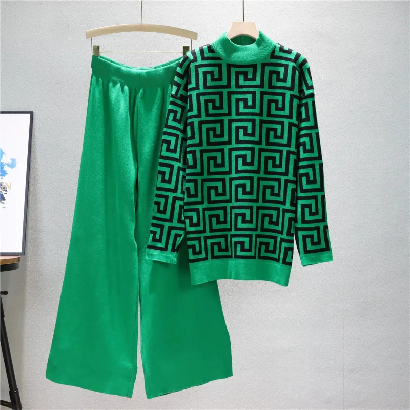 Green - Knitted Sweater & Wide-Leg Pants Two Piece Set sold by Viva Estel