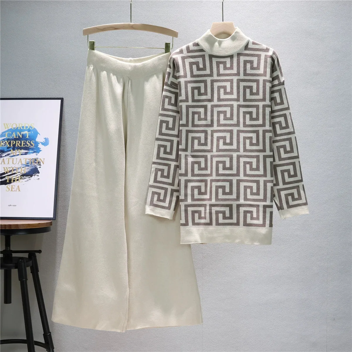 Apricot - Knitted Sweater & Wide-Leg Pants Two Piece Set sold by Viva Estel