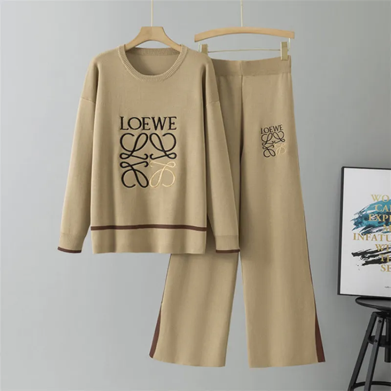 Khaki – Crew Neck Split Hem Knit Two Piece Set sold by Viva Estel