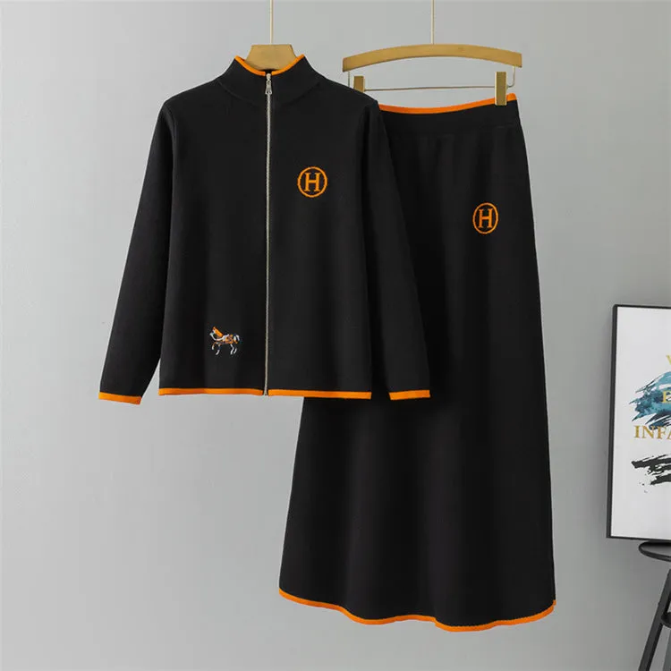 Black – Embroidered Knit Cardigan Two Piece Skirt Set sold by Viva Estel