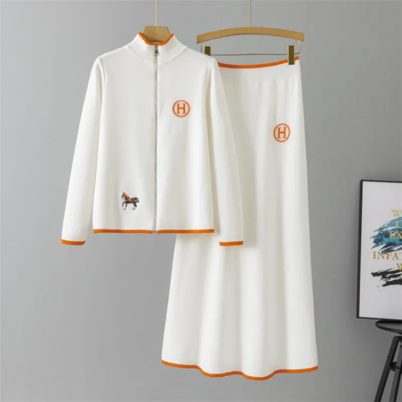 White – Embroidered Knit Cardigan Two Piece Skirt Set sold by Viva Estel