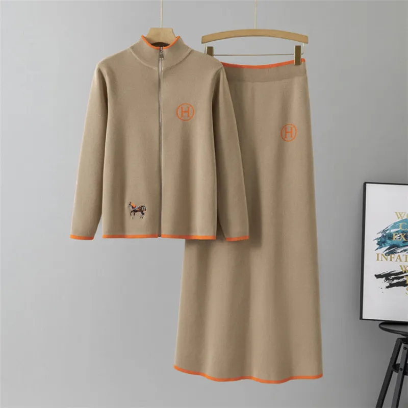 Khaki – Embroidered Knit Cardigan Two Piece Skirt Set sold by Viva Estel