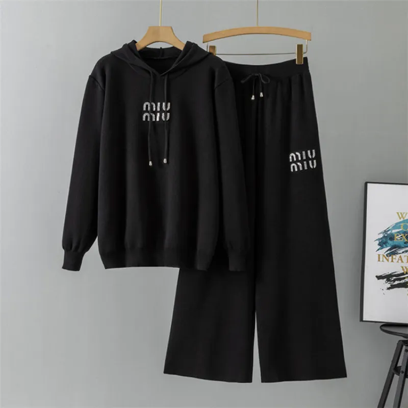 Black – Rhinestone Letter Hoodie Two Piece Set sold by Viva Estel