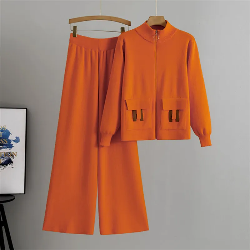 Orange – Knitted Cardigan Wide-Leg Pants Set sold by Viva Estel