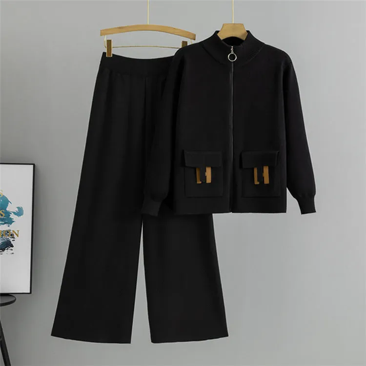 Black – Knitted Cardigan Wide-Leg Pants Set sold by Viva Estel