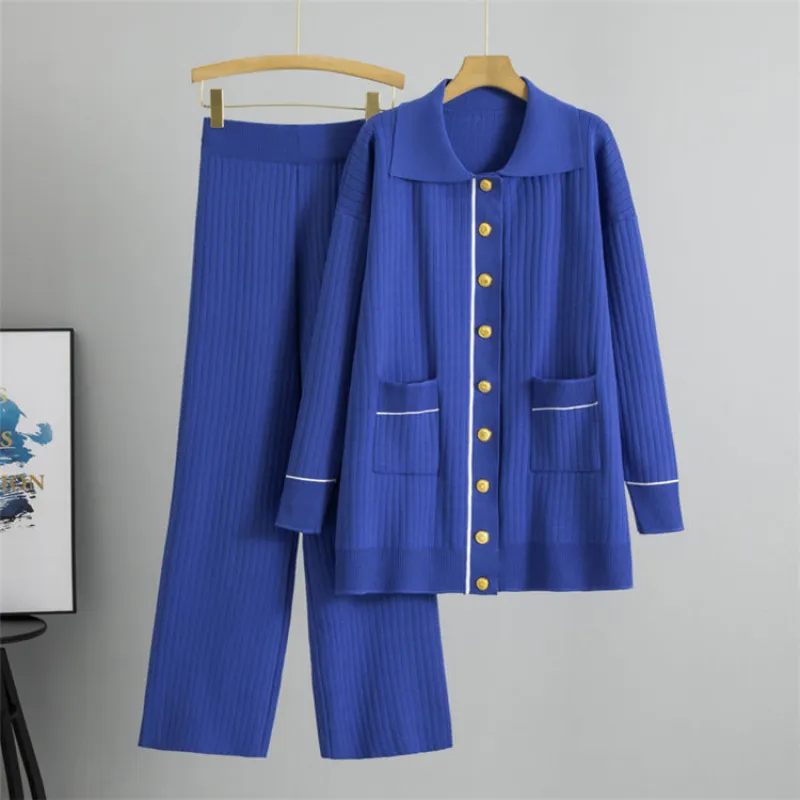 Blue – Knitted Long Sweater Two Piece Set sold by Viva Estel