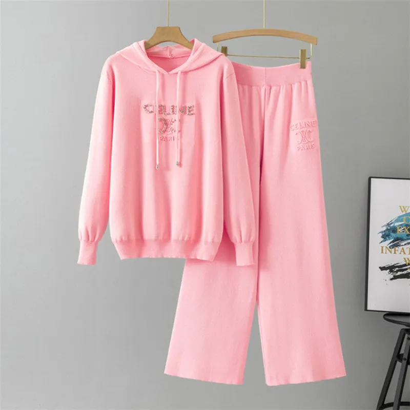 Pink – Rhinestone Loose Hoodie Two Piece Set sold by Viva Estel