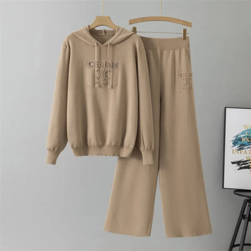 Khaki – Rhinestone Loose Hoodie Two Piece Set sold by Viva Estel