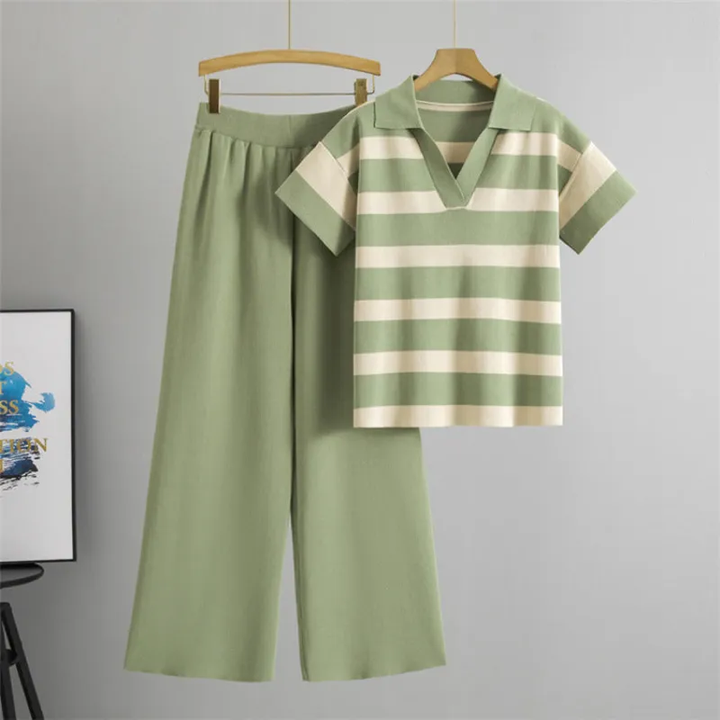 Green – V-Neck Short Sleeve Striped Two Piece Set sold by Viva Estel