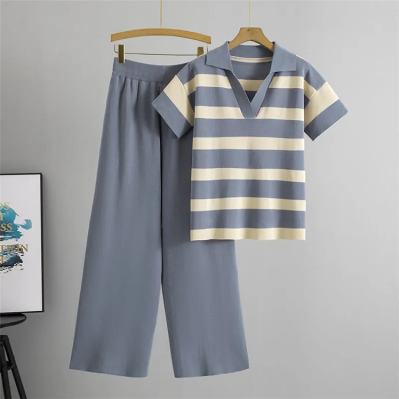 Blue – V-Neck Short Sleeve Striped Two Piece Set sold by Viva Estel