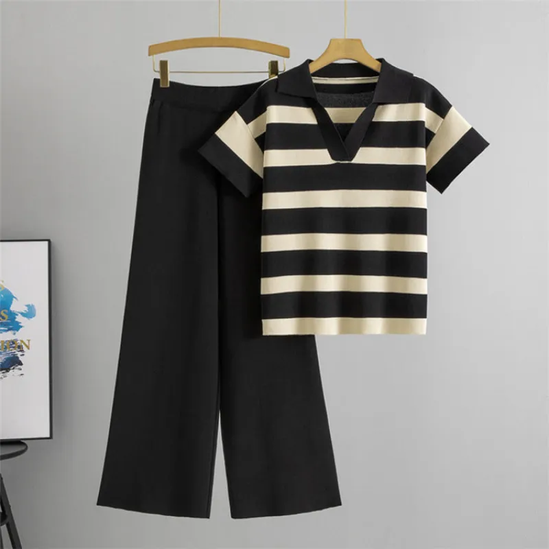 Black – V-Neck Short Sleeve Striped Two Piece Set sold by Viva Estel