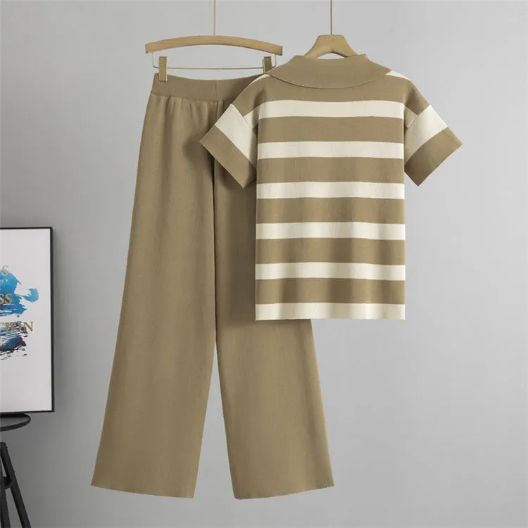 Khaki – V-Neck Short Sleeve Striped Two Piece Set sold by Viva Estel product image thumbnail 2