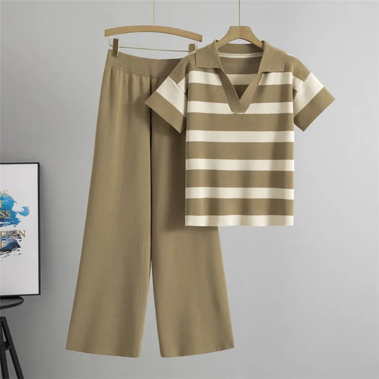Khaki – V-Neck Short Sleeve Striped Two Piece Set sold by Viva Estel