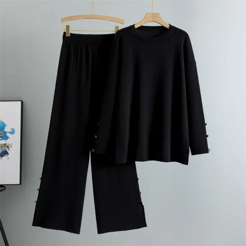 Black – Knit Split Hem Sweater Two Piece Set sold by Viva Estel