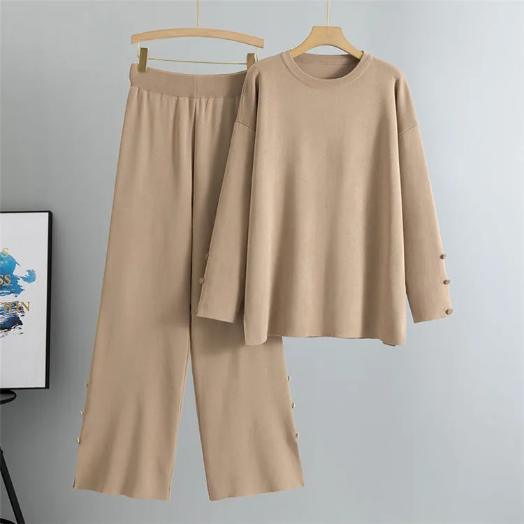 Khaki – Knit Split Hem Sweater Two Piece Set sold by Viva Estel