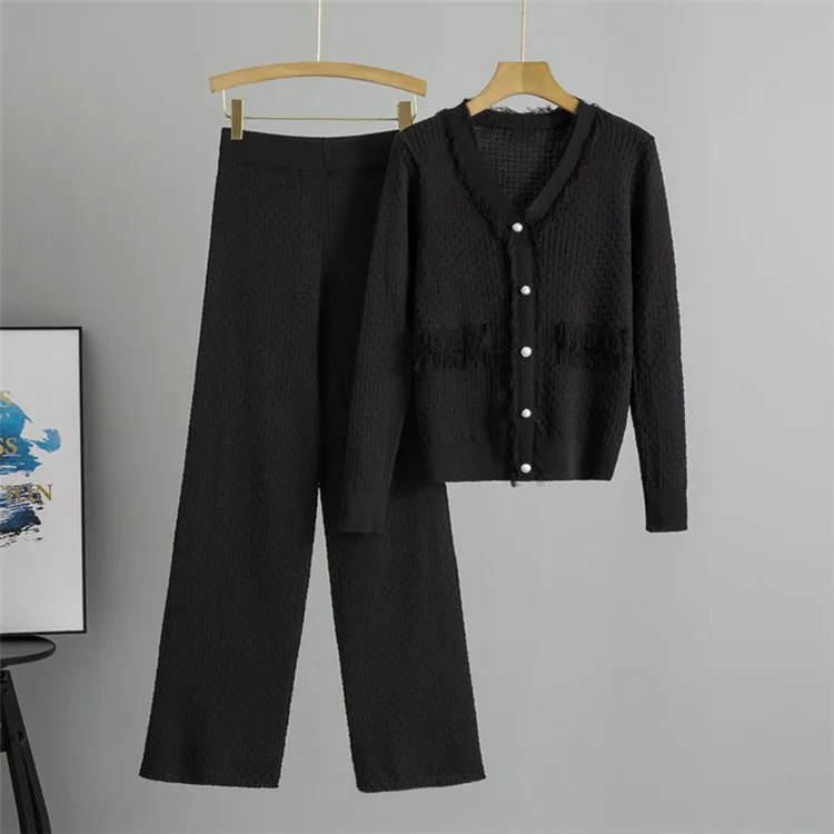 Black – Solid Color Slim-Fit Knit Two Piece Set sold by Viva Estel