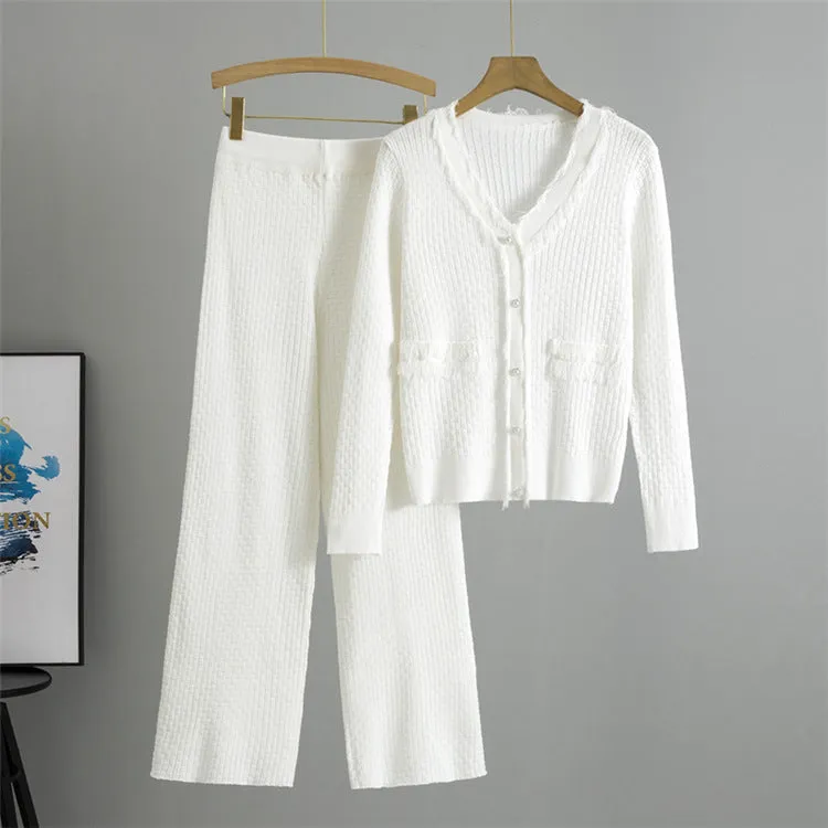 White – Solid Color Slim-Fit Knit Two Piece Set sold by Viva Estel