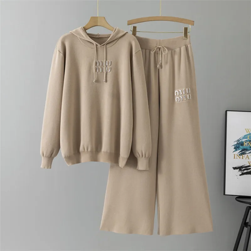 Khaki – Rhinestone Letter Hoodie Two Piece Set sold by Viva Estel