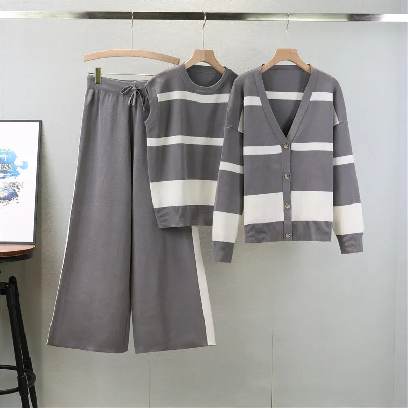 Gray – Sporty Striped Loose Three Piece Set sold by Viva Estel