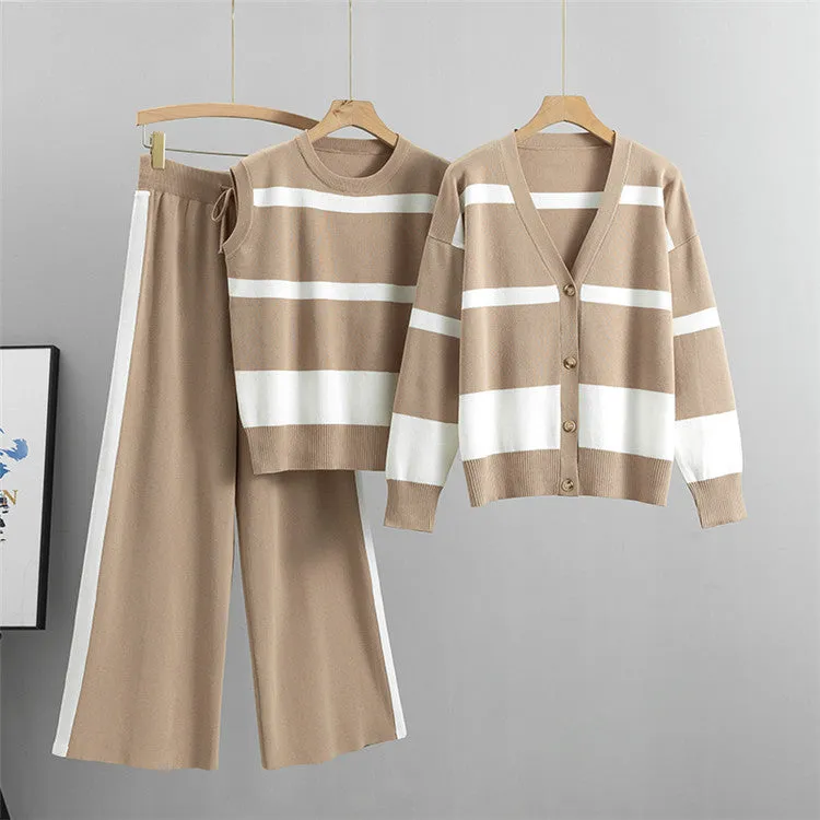 Khaki – Sporty Striped Loose Three Piece Set sold by Viva Estel