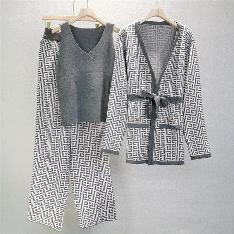 Gray – Shawl Cardigan V-Neck Three Piece Set sold by Viva Estel