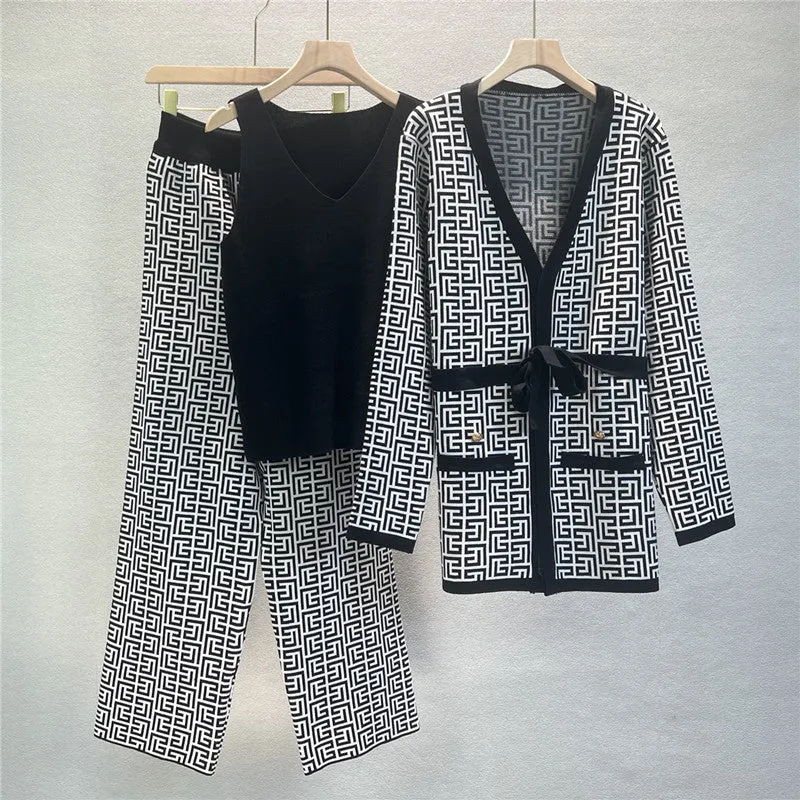 Black – Shawl Cardigan V-Neck Three Piece Set sold by Viva Estel