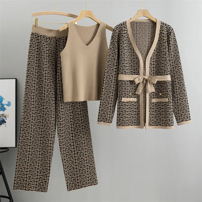 Khaki – Shawl Cardigan V-Neck Three Piece Set sold by Viva Estel