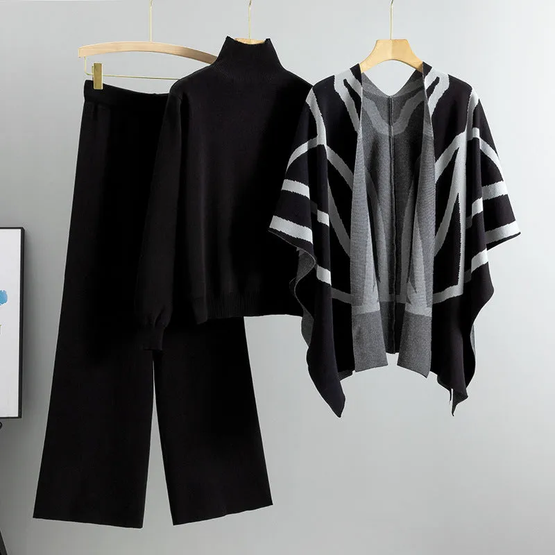 Black – Knit Sweater Shawl Three Piece Set sold by Viva Estel