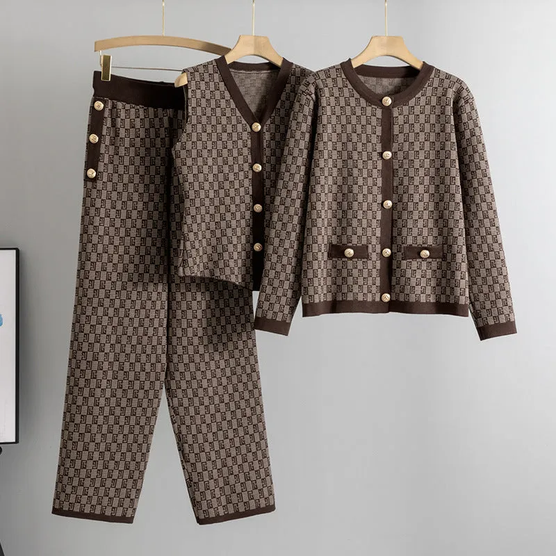 Coffee – Knit Vest Cardigan Three Piece Set sold by Viva Estel