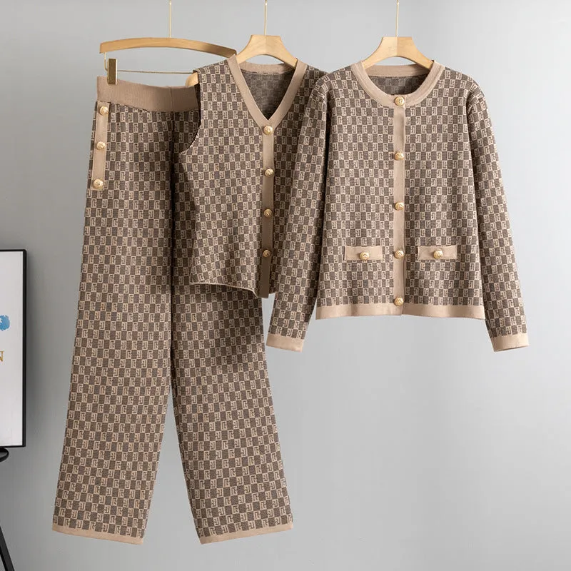 Khaki – Knit Vest Cardigan Three Piece Set sold by Viva Estel