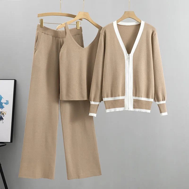 Khaki – Knit Cardigan Cami Three Piece Set sold by Viva Estel