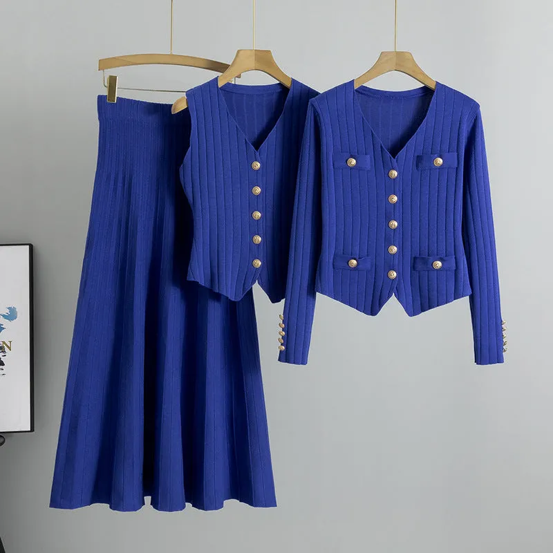 Blue –Cardigan Vest Three Piece Set sold by Viva Estel