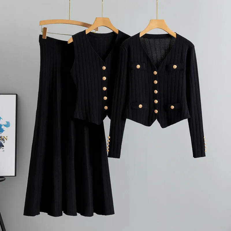 Black – Cardigan Vest Three Piece Set sold by Viva Estel