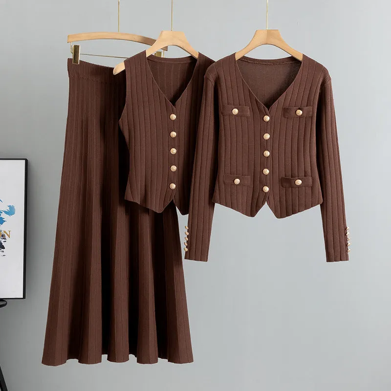 Coffee – Cardigan Vest Three Piece Set sold by Viva Estel