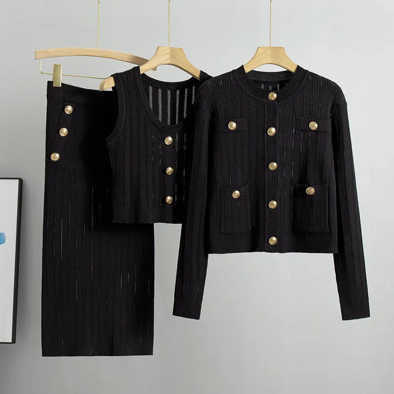 Black – Cardigan Sweater Vest Three Piece Set sold by Viva Estel