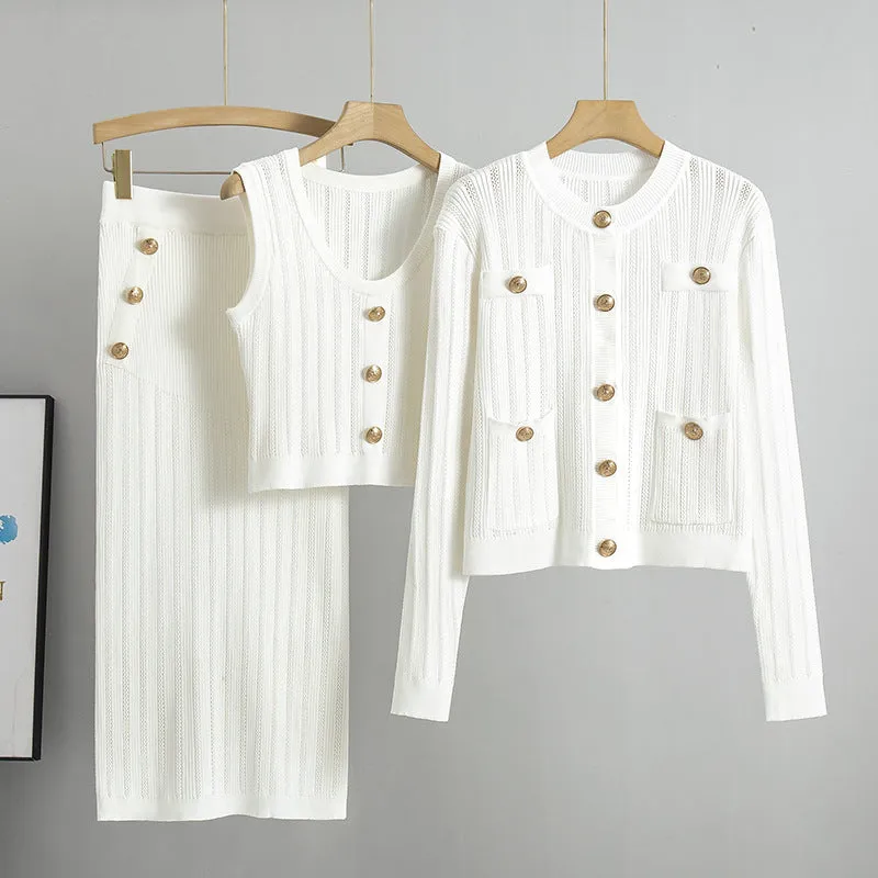 White – Cardigan Sweater Vest Three Piece Set sold by Viva Estel